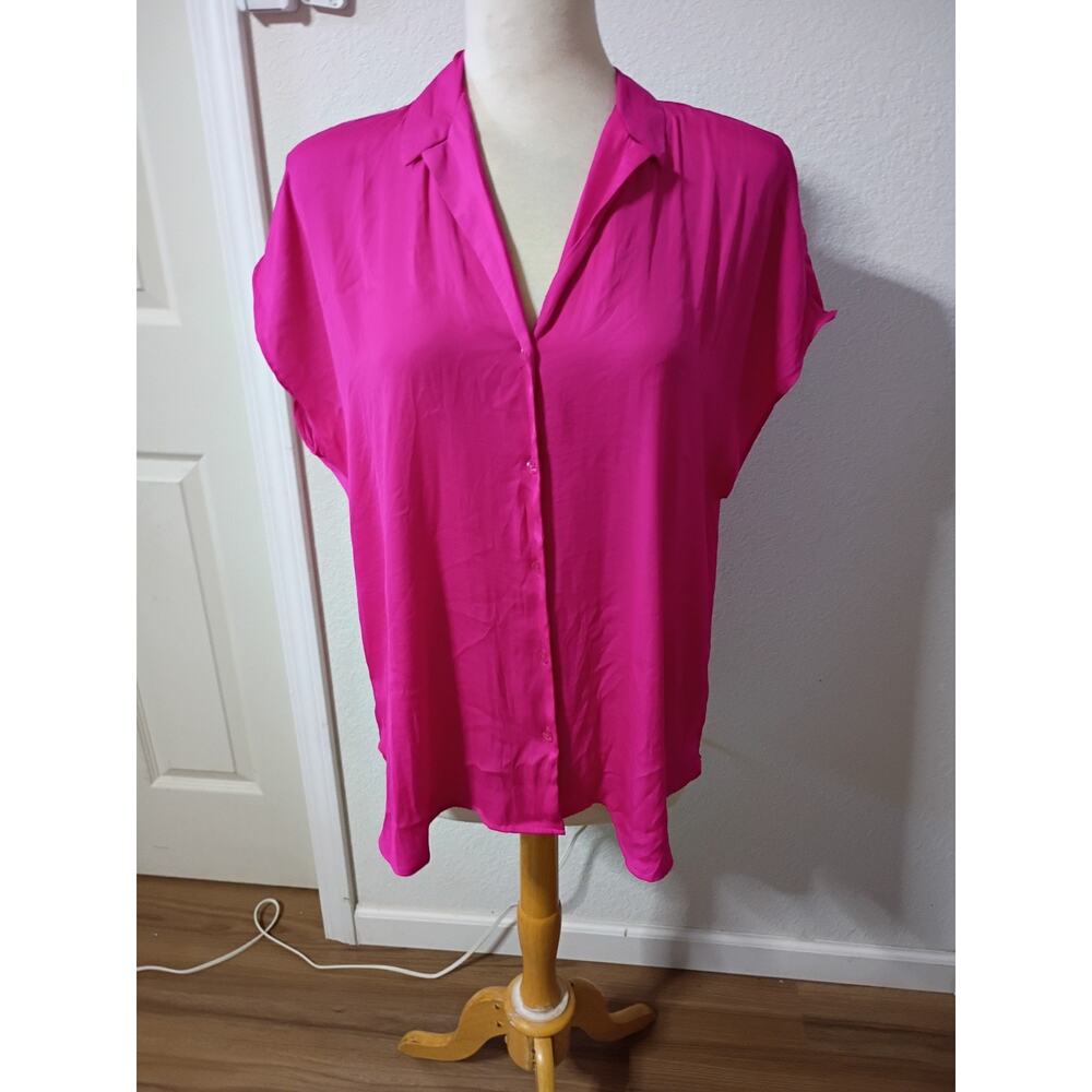 NWT Satín Fuchsia Nine West Short Sleeve Easy Lapel Shirt XXL Collared Org$29.99